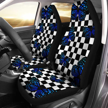 Blue Butterfly Checkerboard Car Seat Covers Custom Car Accessories