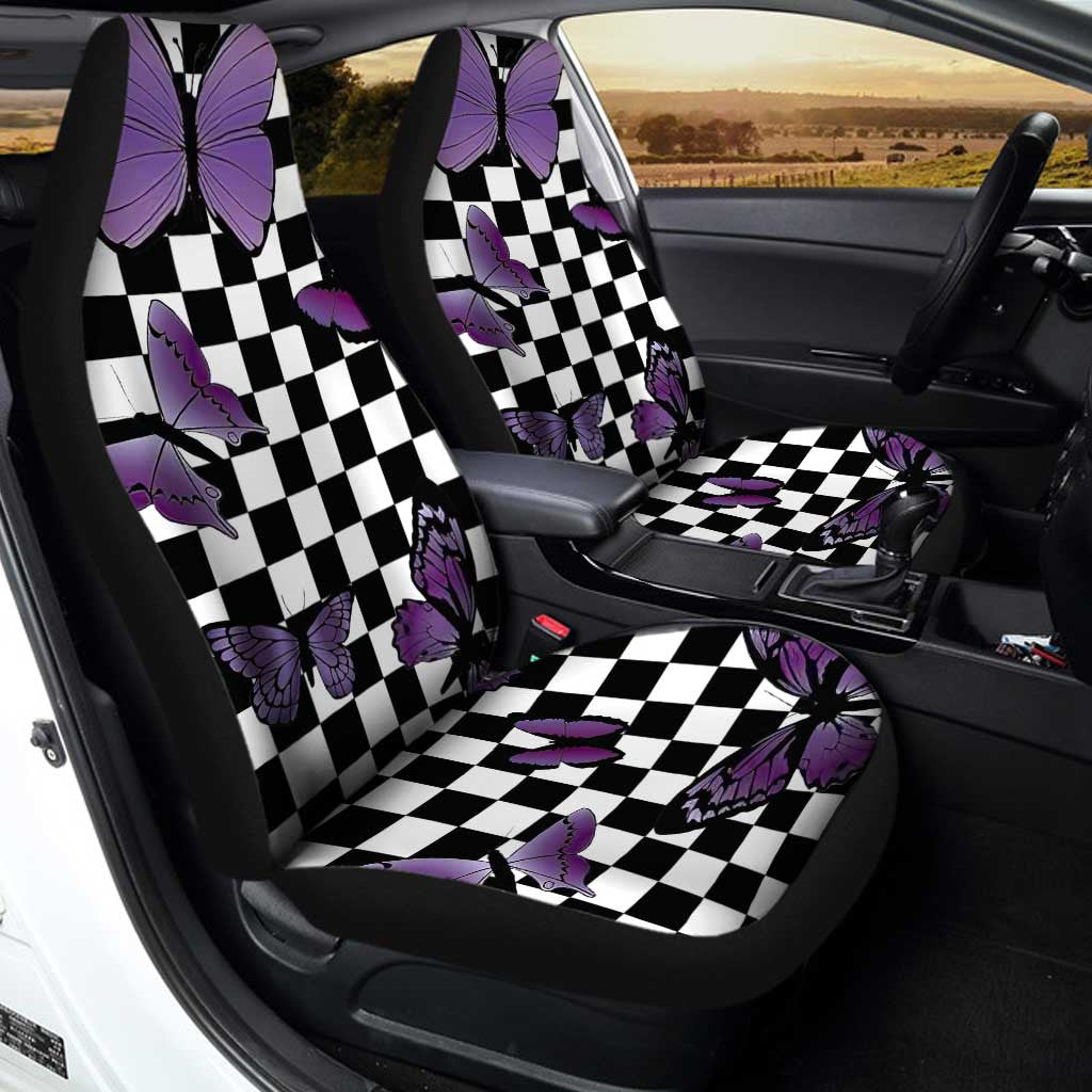 Purple Butterfly Car Seat Covers Custom Checkerboard Car Accessories