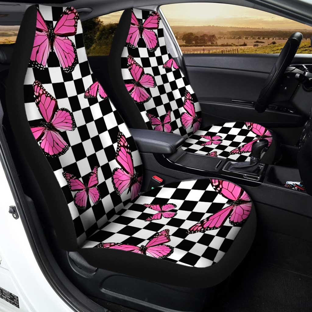 Pink Butterfly Car Seat Covers Custom Checkerboard Car Accessories