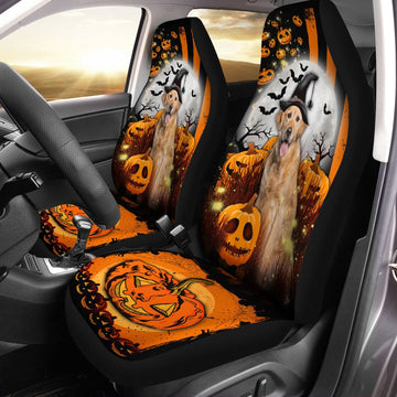 Golden Retriever Halloween Pumpkin Scary Moon Car Seat Covers, Front Car Seat Protectors