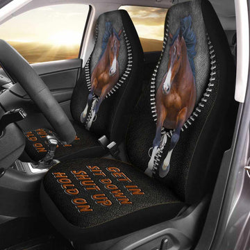 3D Horse Car Seat Cover, Get In Sit Down Shut Up Hold On, Horse Seat Covers With Leather Pattern