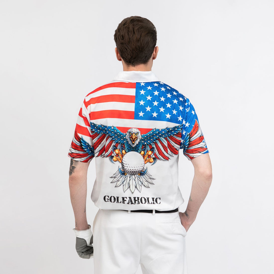 Golf American Flag Eagle Wings Polo Shirt White Golf Pattern And Golf Ball Polo Shirt Patriotic Golf Shirt For Men - 1