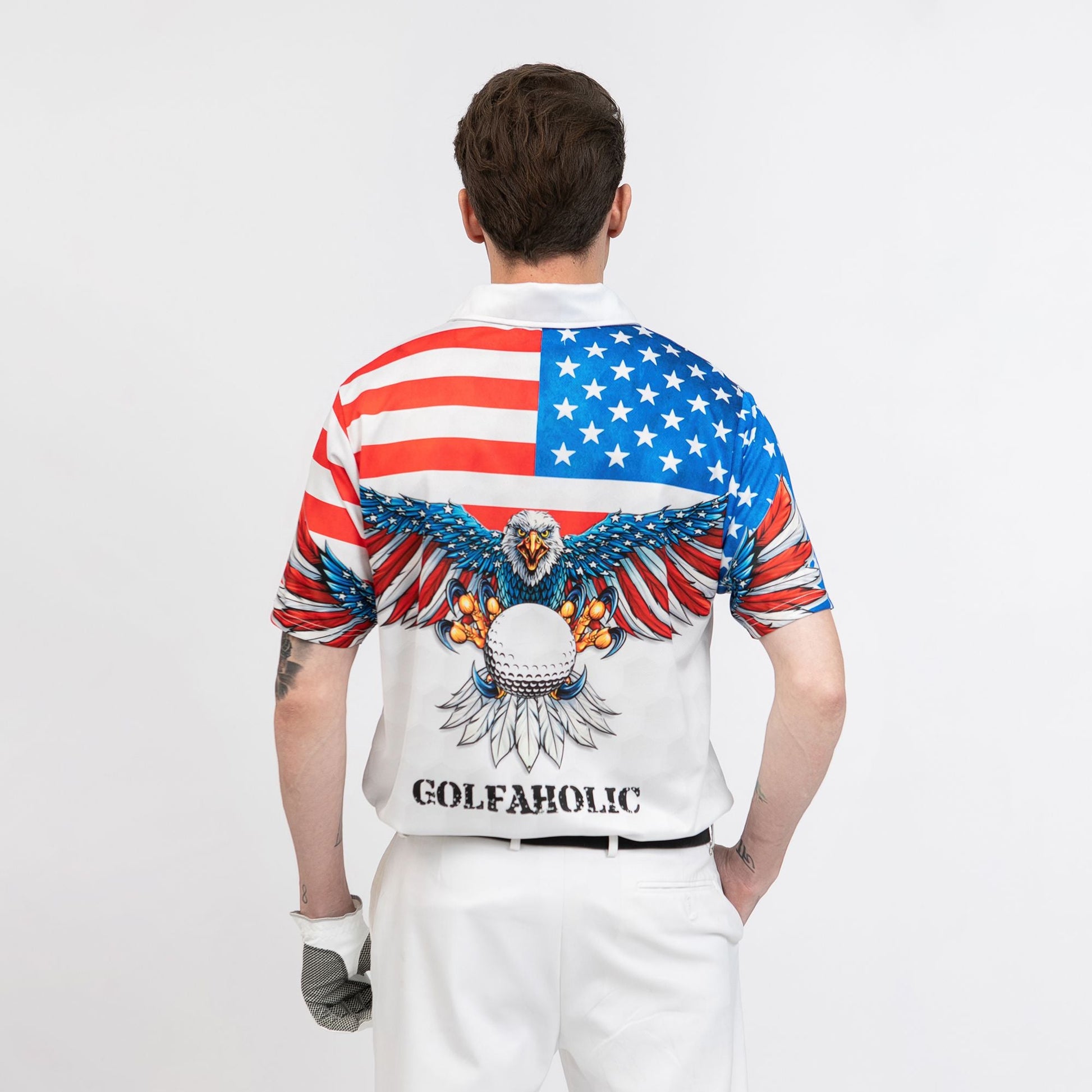 Golf American Flag Eagle Wings Polo Shirt White Golf Pattern And Golf Ball Polo Shirt Patriotic Golf Shirt For Men - 2