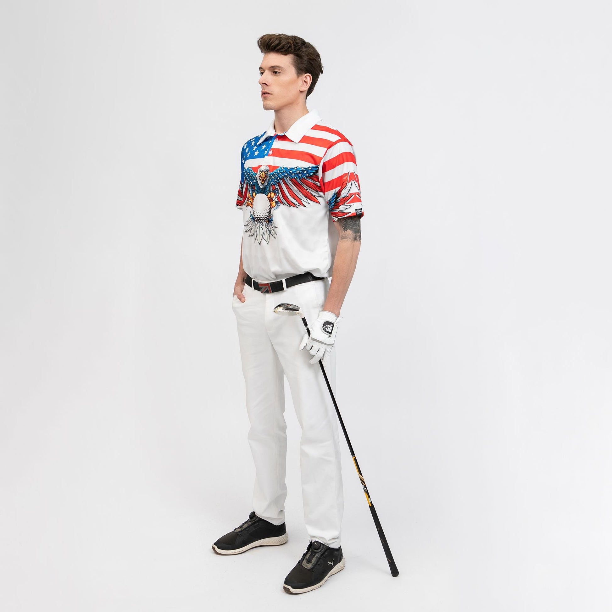 Golf American Flag Eagle Wings Polo Shirt White Golf Pattern And Golf Ball Polo Shirt Patriotic Golf Shirt For Men - 3