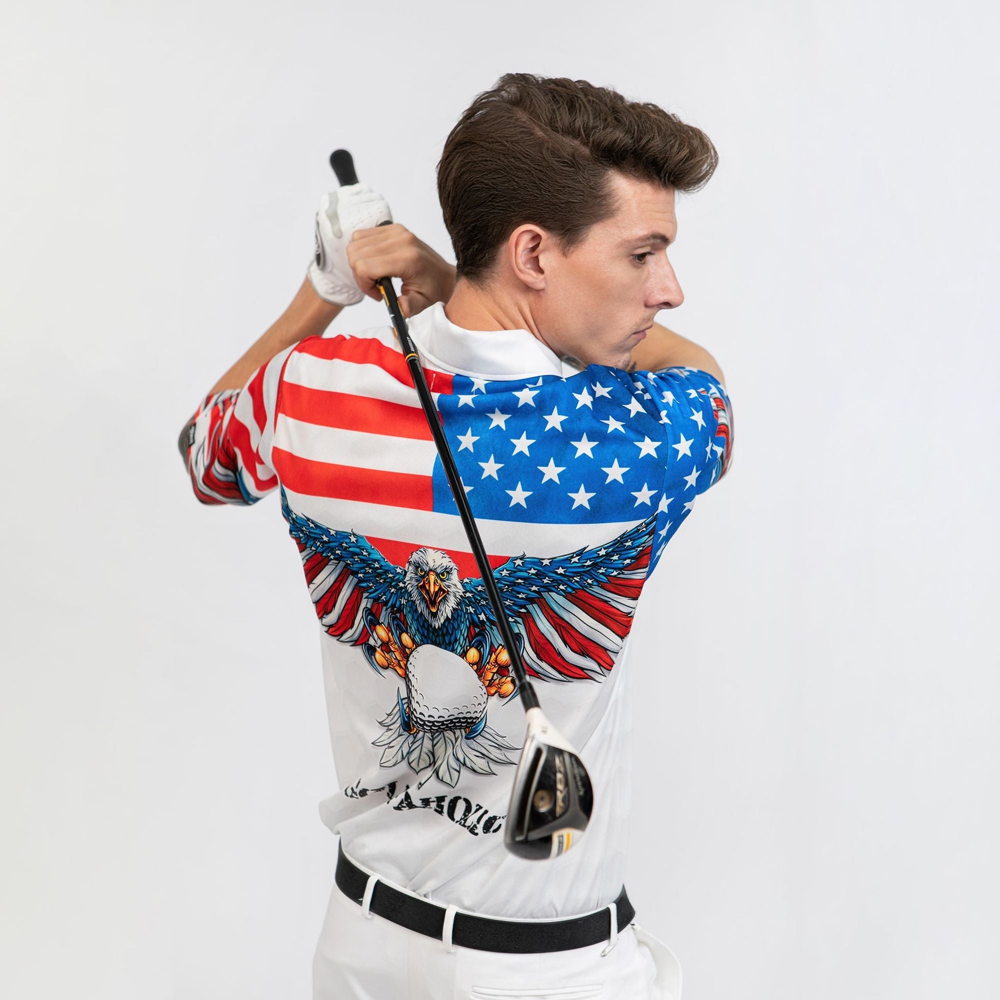 Golf American Flag Eagle Wings Polo Shirt White Golf Pattern And Golf Ball Polo Shirt Patriotic Golf Shirt For Men - 4