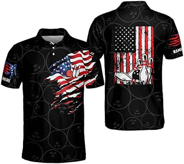 American flag bowling polo shirt, Men's Polo Shirts Short Sleeve, Funny Bowling Team Polo for Men