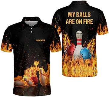 Personalized Flame Bowling Shirts, Funny Bowling Shirts for Men, Bowling Team Shirts, Short Sleeve Polo Shirts