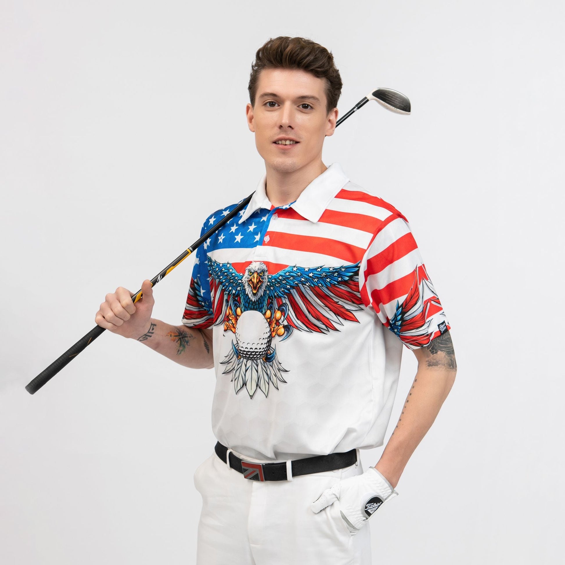 Golf American Flag Eagle Wings Polo Shirt White Golf Pattern And Golf Ball Polo Shirt Patriotic Golf Shirt For Men - 5