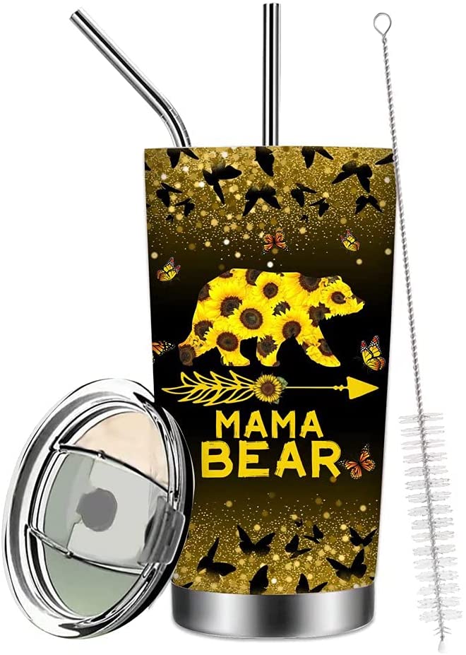 Mama Bear 20oz Tumbler, You Are My Sunshine Sunflower Double Wall Vacuum Sporty Thermos Butterfly To Mom