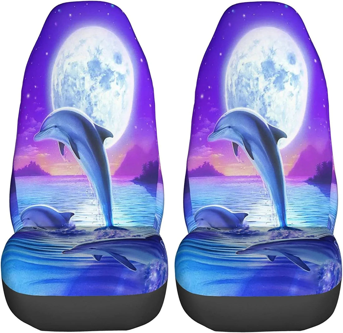 Dolphin Jumping Under Moonlight Car Seat Covers, Front Vehicle Seat Protector Car Mat Covers