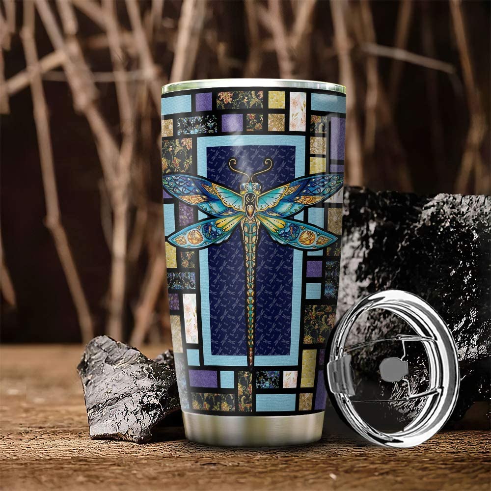 20oz Dragonfly Mosaic Style Decorative Tumbler Cup with Lid, Double Wall Vacuum Sporty Thermos Insulated Travel Coffee Mug