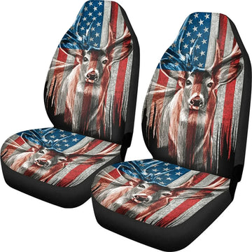 American Flag Camo Deer Hunting Car Seat Covers, Front Seats Polyester Fabric Automotive Seats Protector Fits for SUV