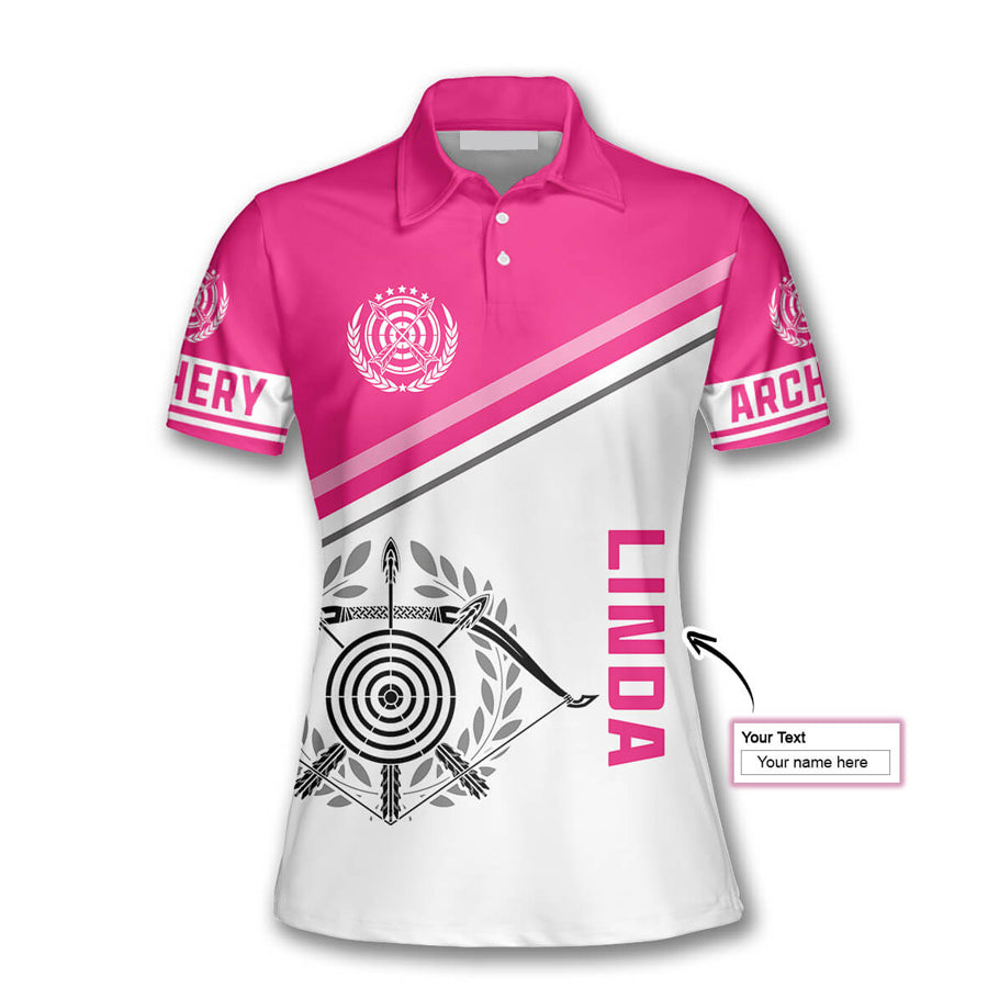 Pink White Version Emblem Custom Archery Polo Shirts for Women, Archery team shirt