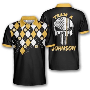 9 Ball Skull Argyle Pattern Custom Billiard Shirts for Men, Men's Billiard Polo Shirts, Custom Billiard ball for Team