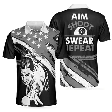 Aim Shoot Swear Repeat Billiards Polo Shirt, Best American Flag Pattern Billiards Shirt Design For Male