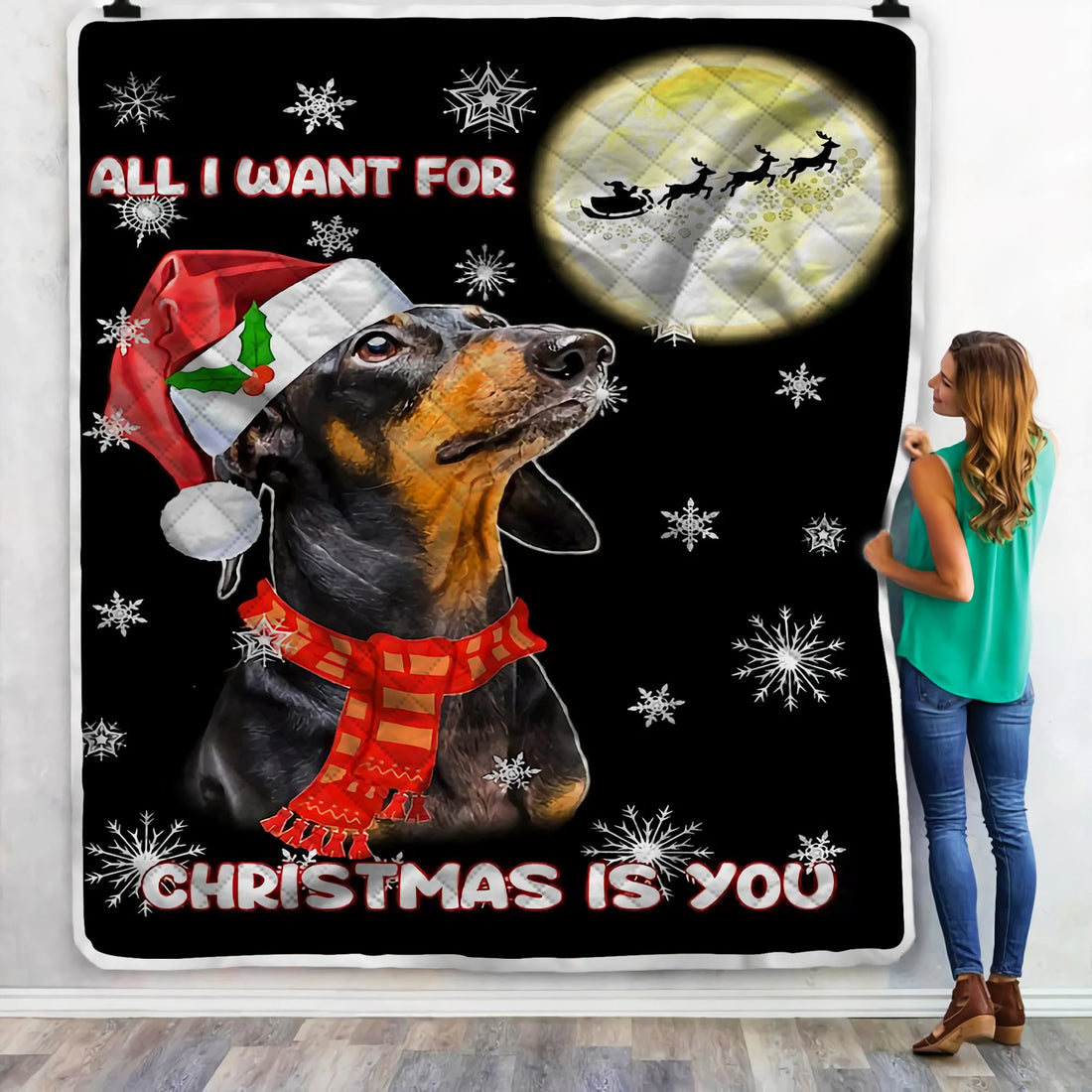 All I Want For Christmas Is You Dachshund Sherpa Fleece Blanket &Quilt