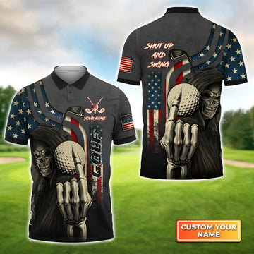 America Flag Skull Golf Shut Up And Swing - Personalized Name 3D Polo Shirt Gift For Golfers