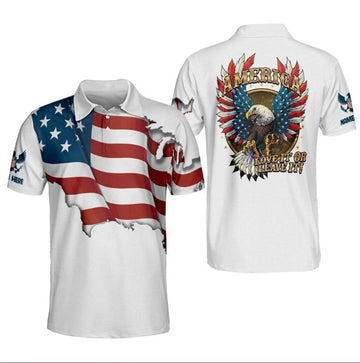 America Love It Or Leave It Eagle US Flag Polo Shirt, Independence polo shirt, 4th of July gifts