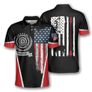 Archery Emblem American Flag Custom Archery Shirts for Men, Custom Archery Shirts for Team, Men's Archery Polo Shirts