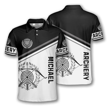 Archery Emblem Black White Version Custom Archery Shirts for Men, Custom Archery Shirts for Team, Men's Archery Polo Shirts