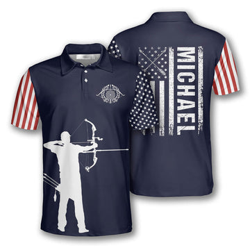 Archery Silhouette Flag Navy Blue Custom Archery Shirts for Men, Custom Archery Shirts for Team, Men's Archery Polo Shirts