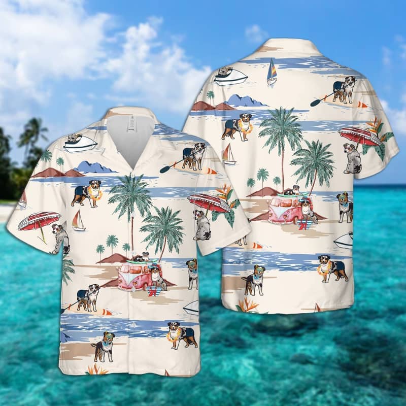 Australian Shepherd Summer Beach Hawaiian Shirt, dog beach Short Sleeve Hawaiian Shirt