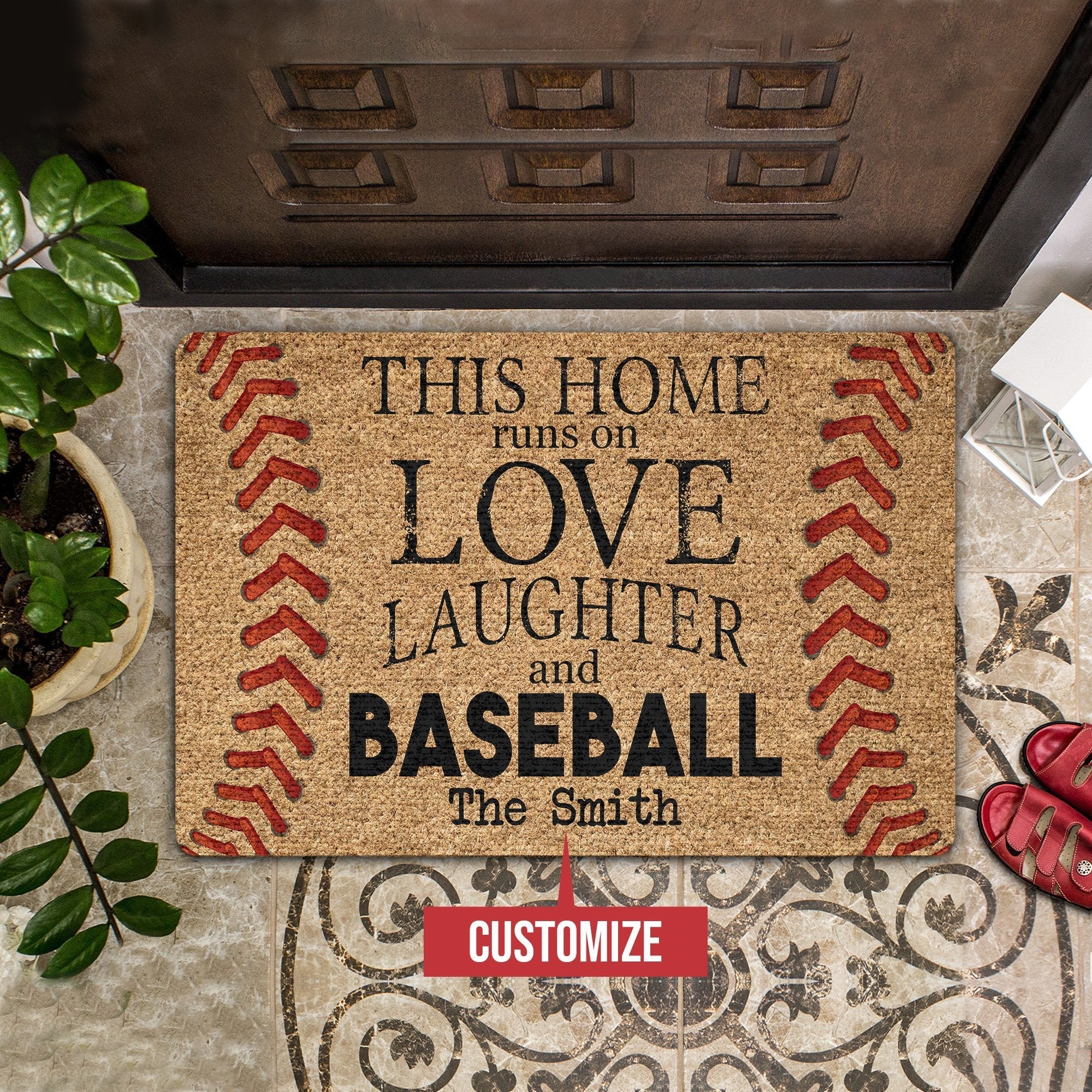 Baseball Lovers Door Mat This Home Runs On Love Coir Pattern Personalized