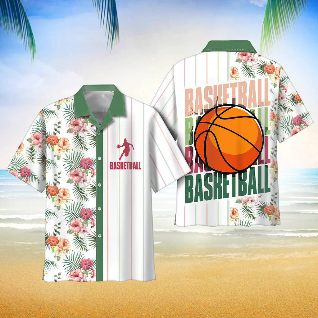Basketball Hibiscus Pattern Hawaii Shirt Button Down Short Sleeves Hawaiian Full Print Shirt