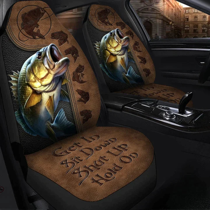 Bass Fish Hold on Funny Car Seat Covers, Front Bucket Seat Cover For Car