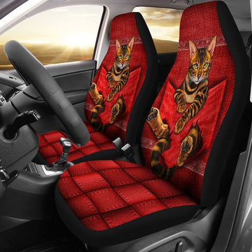 Bengal Cat Cute Pocket Car Seat Red Covers, Seat Covers Set of Two, Automotive Seat Covers Set