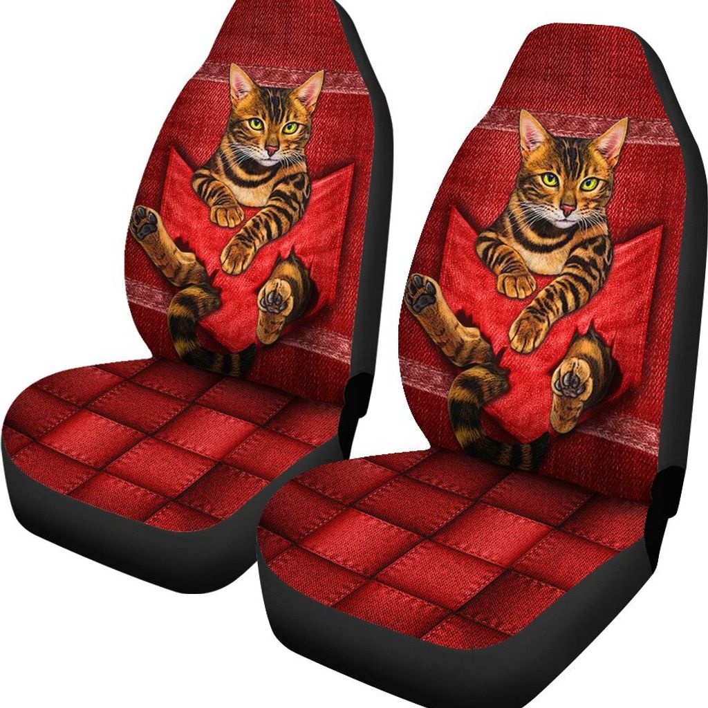 Bengal Cat Cute Pocket Car Seat Red Covers, Seat Covers Set of Two, Automotive Seat Covers Set