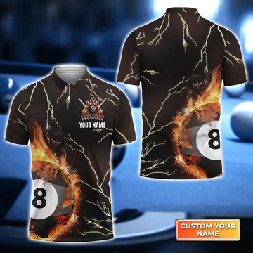 Billiard 8 Ball Thunder Fire Flame 3D Polo Shirt, Billiard 3D shirt for men, Gift For Billiard Players