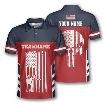 Billiard Patriotic Flag Skull Custom Billiard Shirts for Men, Custom Billiard Shirts for Team, Men's Billiard Polo Shirts