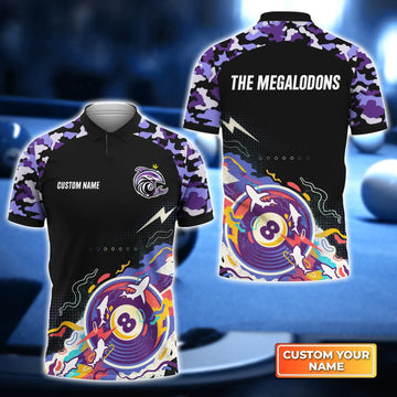 Personalized Name Billiard Pool 8 Ball THE MEGALODONS Team 3D Polo Shirt Gift For Billiard Players, Billiard 3D shirt, Gift For Billiard Players