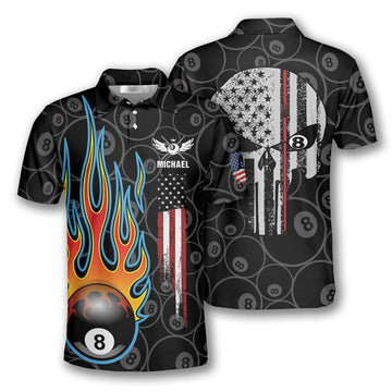 Billiards Pool Flame 8 Ball USA Flag Custom Billiard Shirts for Men, Custom Billiard Shirts for Team, Billiard Polo Shirts