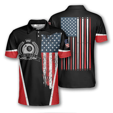 Billiards USA Flag Emblem Custom Billiard Shirts for Men, Custom Billiard Shirts for Team, Men's Billiard Polo Shirts