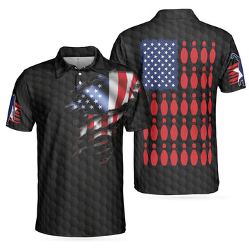 Black American Flag Bowling Polo Shirt, Cool USA Flag Bowling Shirt For Men