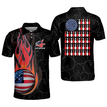 Black American Flag Polo Shirt, Bowling shirt for Men, Gift for bowling lover