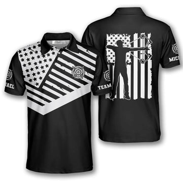 Black White American Flag Custom Archery Shirts for Men, Custom Archery Shirts for Team, Men's Archery Polo Shirts