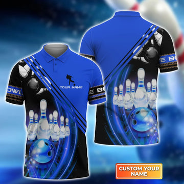 Blue Bowling Ball in Motion and the Pins Personalized Name 3D Polo Shirt, Gifts for Bowling lover, Men's Polo Shirt