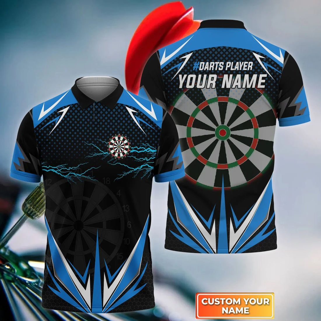 Blue Darts Lightning 3D Polo Shirt For Darts Player, Dart Men's polo Shirt, Dart Team Shirts