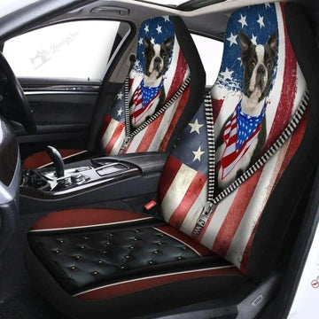 Boston Terrier With American Flag Zipper Printed Car Seat Covers