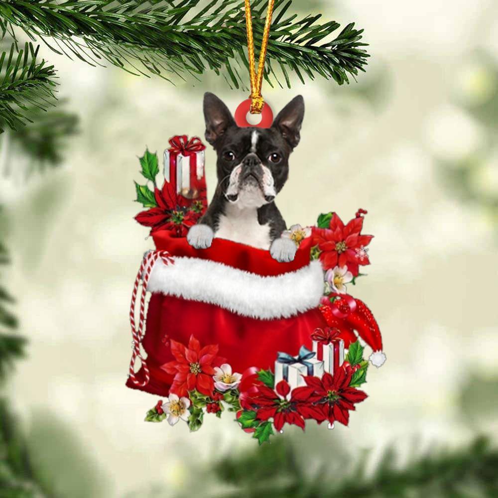 Boston Terrier In Gift Bag Christmas Ornament, Gift For Dog Lovers
