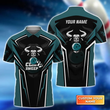 Bowling Bull Clean Sweep Turquoise Black Personalized Name 3D Polo Shirt, Bowling Team, Bowling Lover Boys Girls polo shirt