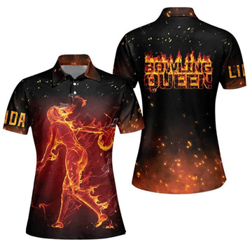 Bowling Queen Fiery Girl Short Sleeve Polo Shirt, bowling polo shirt for Women