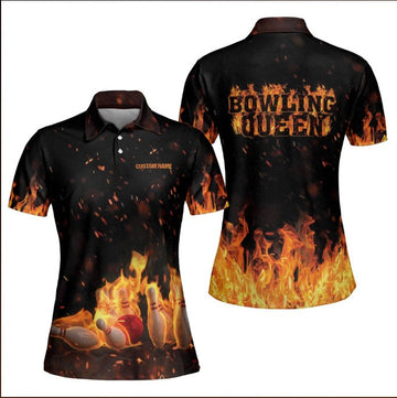 Bowling Queen Fire Flame Jerseys Polo Shirt, Short Sleeve Women Polo Shirt For Ladies