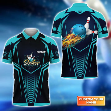 Bowling Strikes Blue Bowling Ball Crashing The Pins 3D Polo Shirt, Men's Polo Shirt, Polo Shirt for Sport Team