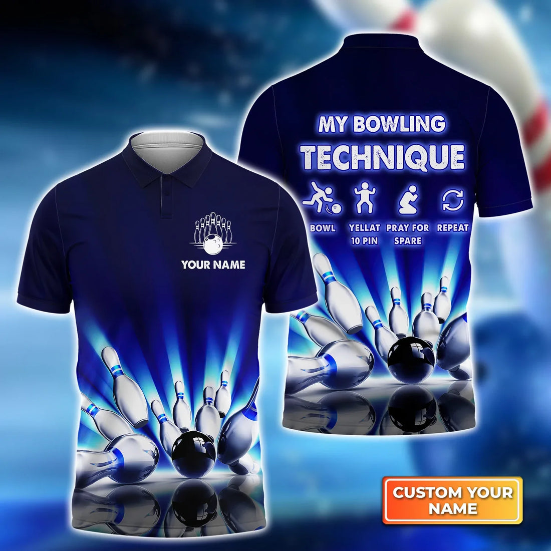 Bowling Strike Abstract Colorful Personalized Name 3D Polo Shirt For Bowling Player