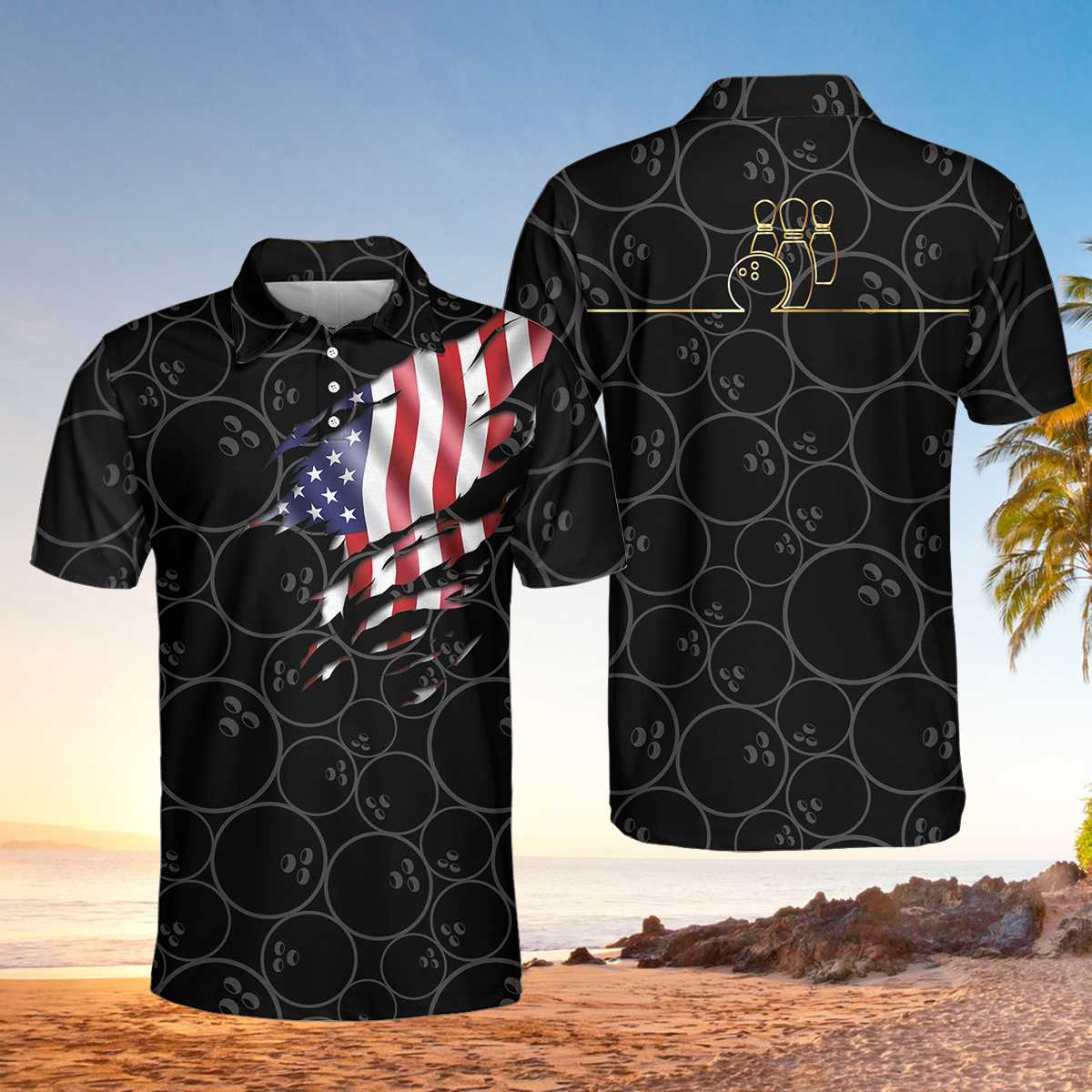 Bowling American Flag Short Sleeve Polo Shirt Bowling Ball Pattern USA Flag Polo Shirt Bowling Shirt For Men - 1