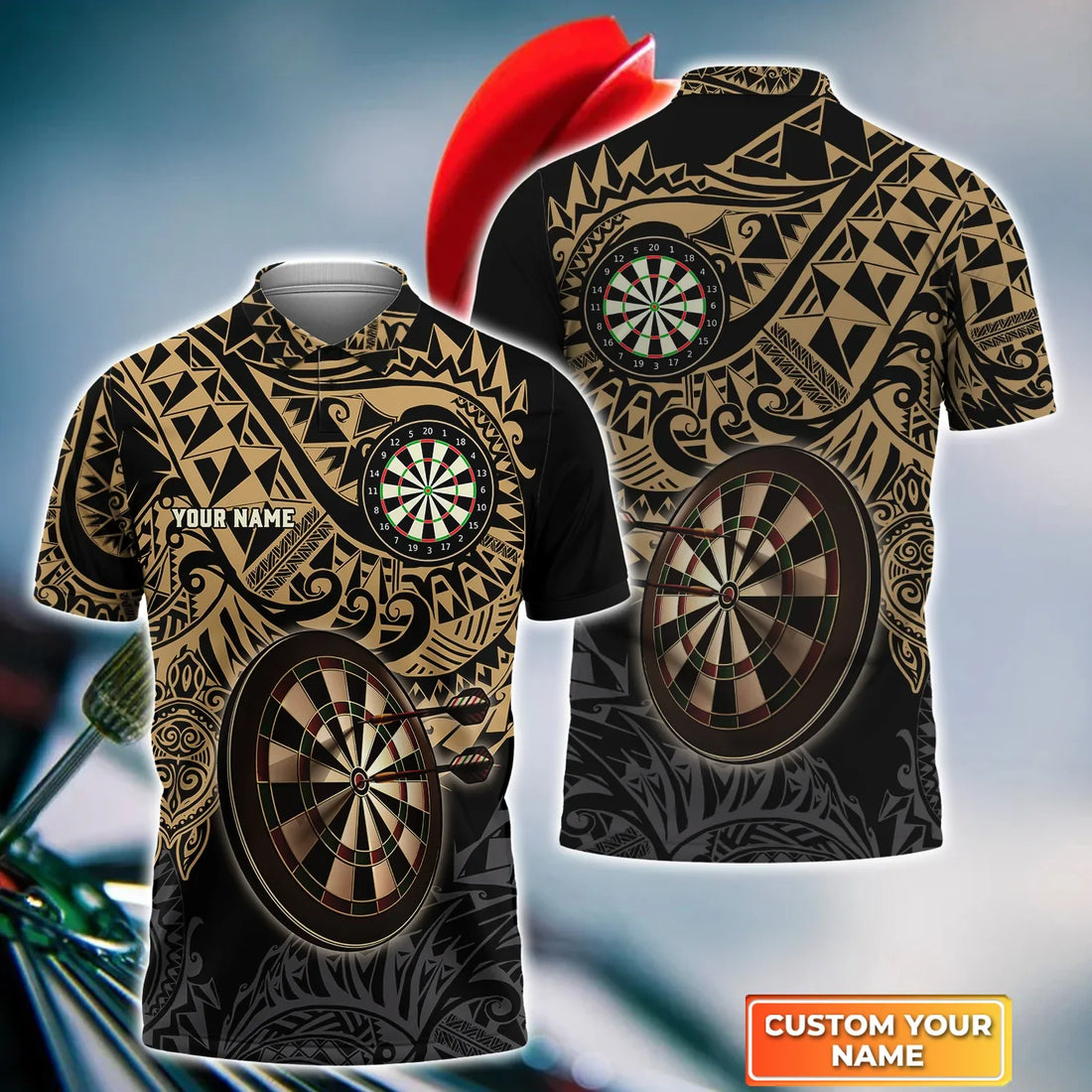 Brown Tattoo Darts Personalized Name 3D Polo Shirt For Darts Team Player, Dart polo Shirt, Dart Team Shirts